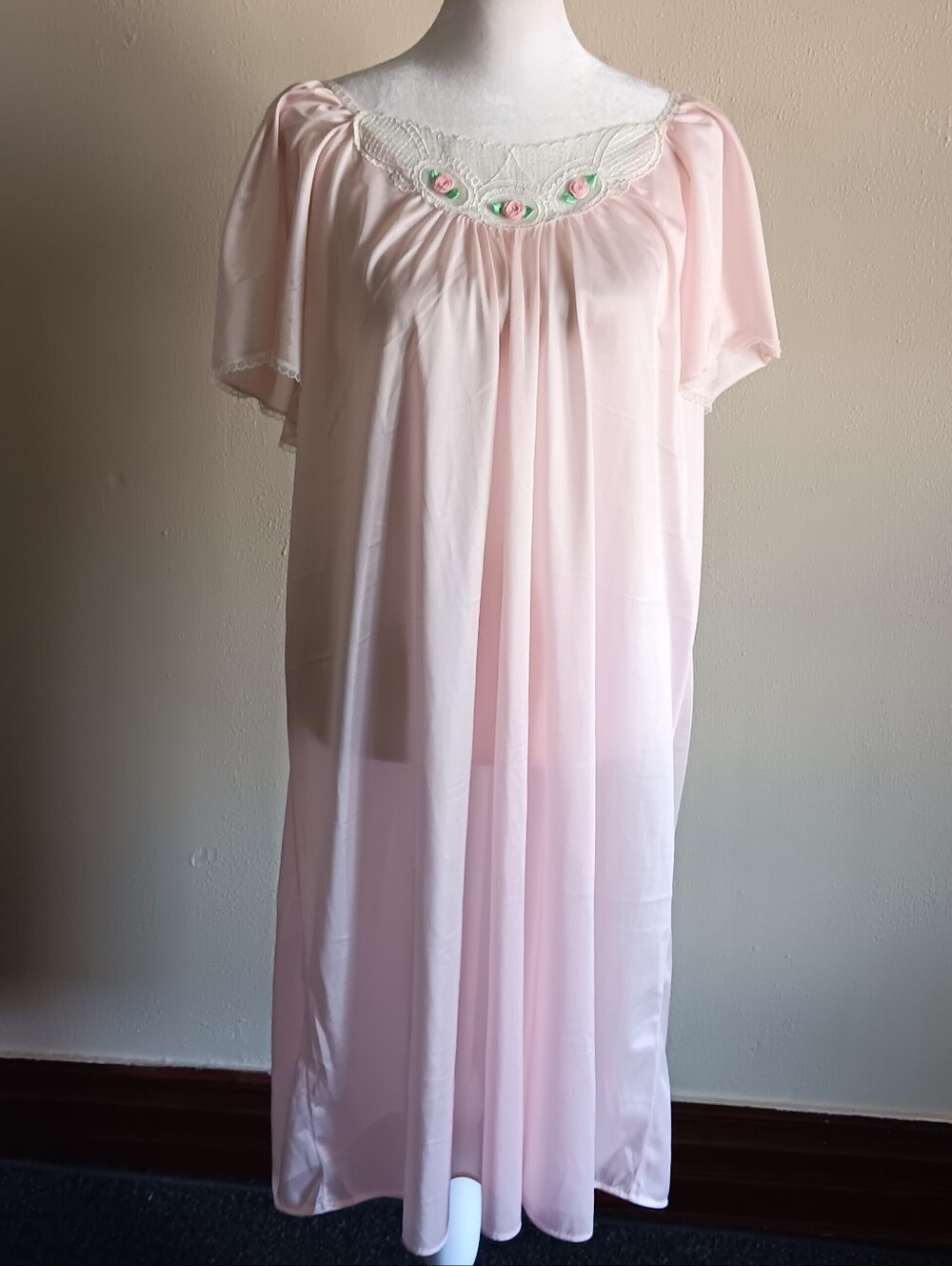 70s 80s USA Coquette Pink Rose Slip Midi Dress Pollinaise 1X Cottagecore Fairy